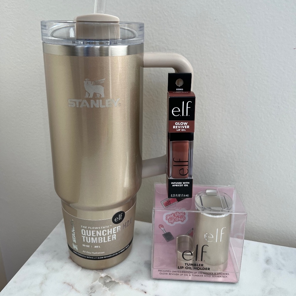 Stanley X E.L.F  30 oz Stainless Steel Tumbler, Lip Oil, & Lip Holder Honey Talk